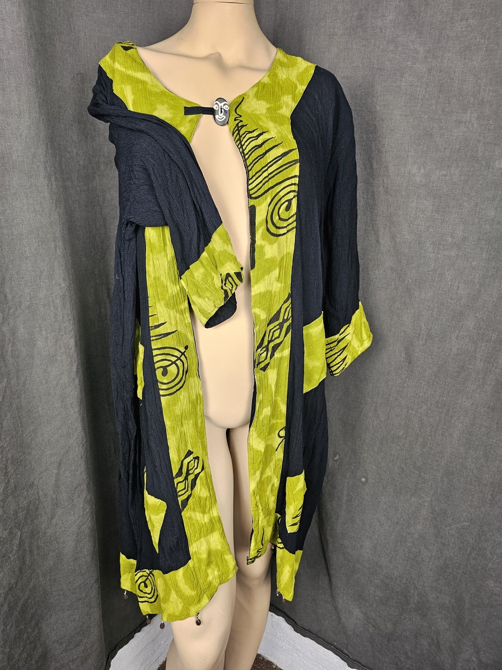 Vtg 90s Boho Tribal Batik Kimono Jacket Chartreuse Rayon Face Button Duster OS